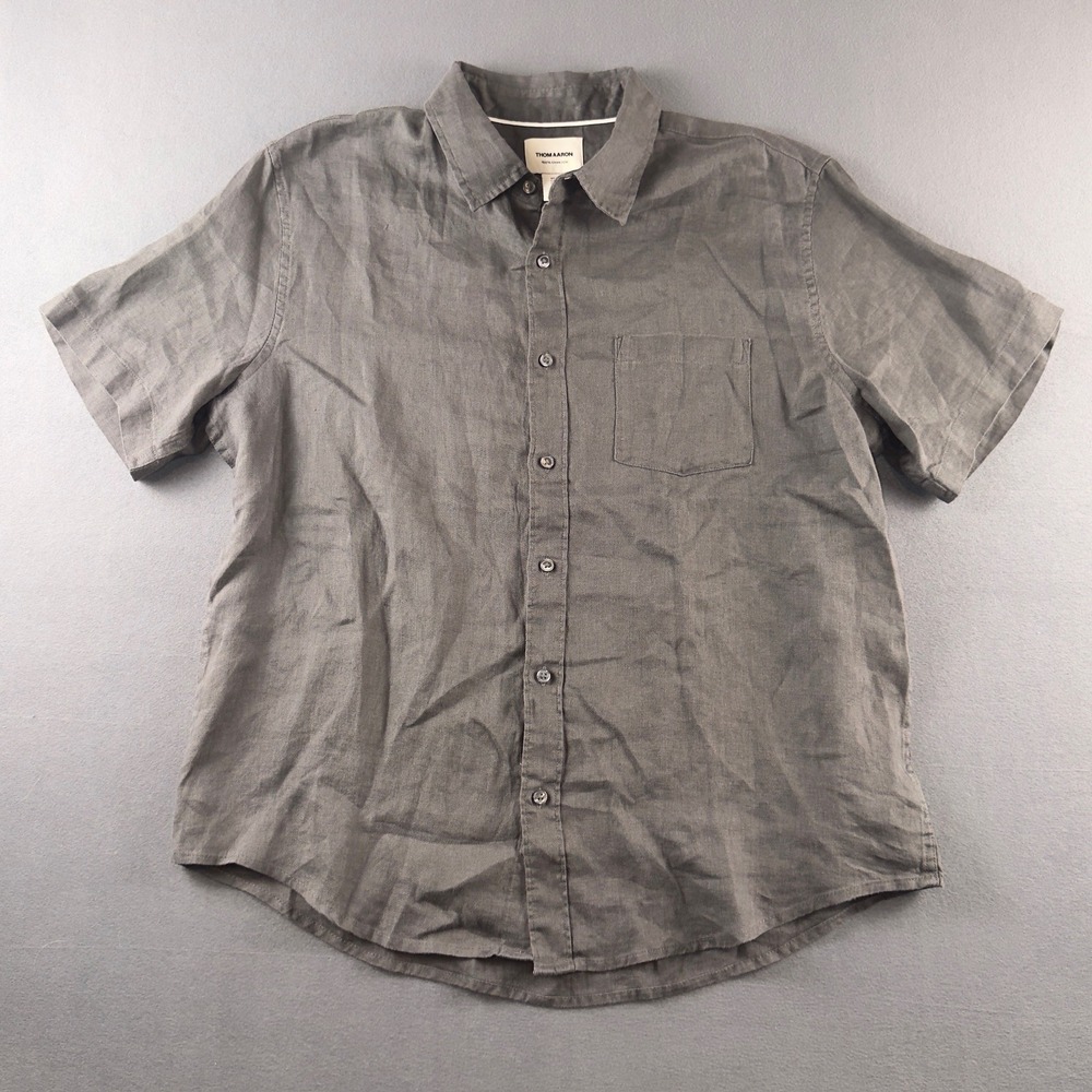 Thom Aaron Mens XL Charcoal Gray 100% Linen Short Sleeve Button Down Shirt